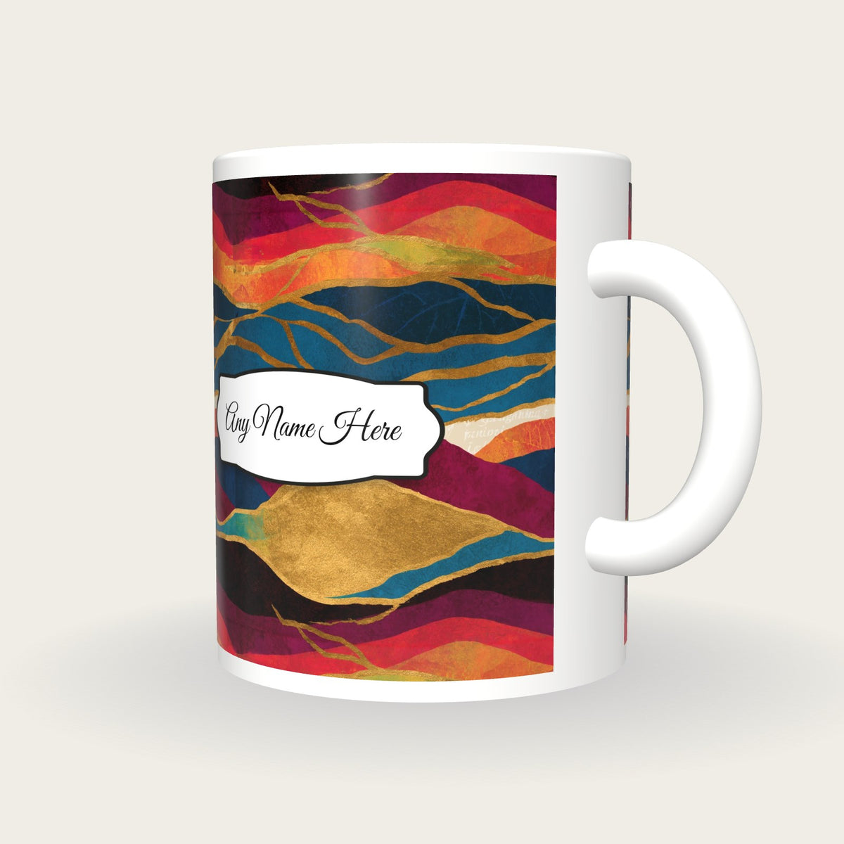 Drypoint Rainbow Abstract Name Mug, three-quarter view