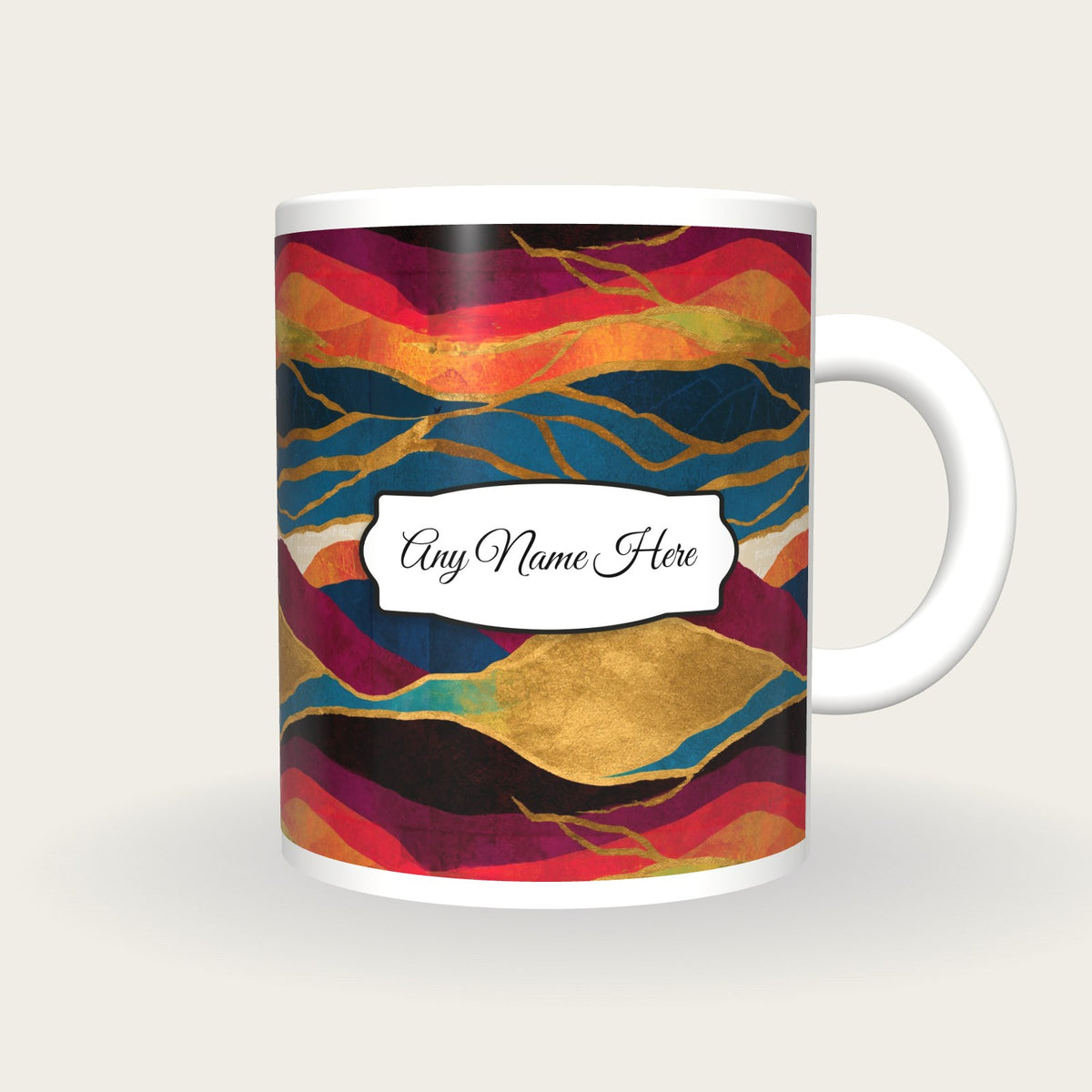 Drypoint Rainbow Abstract Name Mug, front with the name label