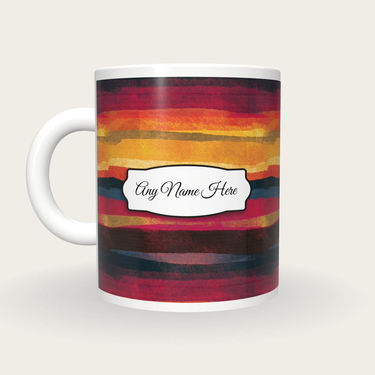 Drypoint Rainbow Abstract Name Mug 2, back with the second name label