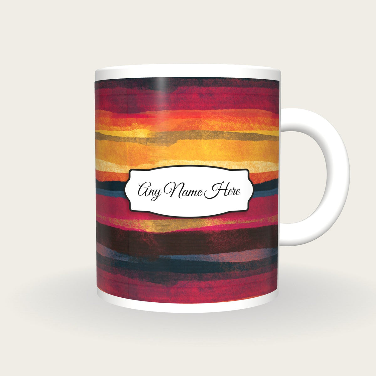 Drypoint Rainbow Abstract Name Mug 2, front with the name label