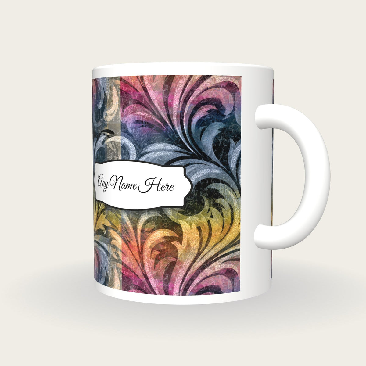 Baroque Rainbow Abstract Name Mug 2, three-quarter view