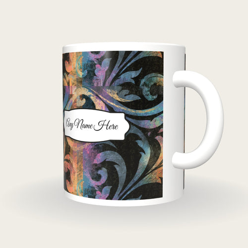 Baroque Rainbow Abstract Name Mug 3, three-quarter view