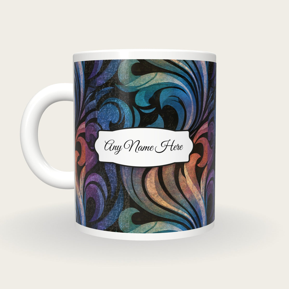 Baroque Rainbow Abstract Name Mug 4, back with the second name label