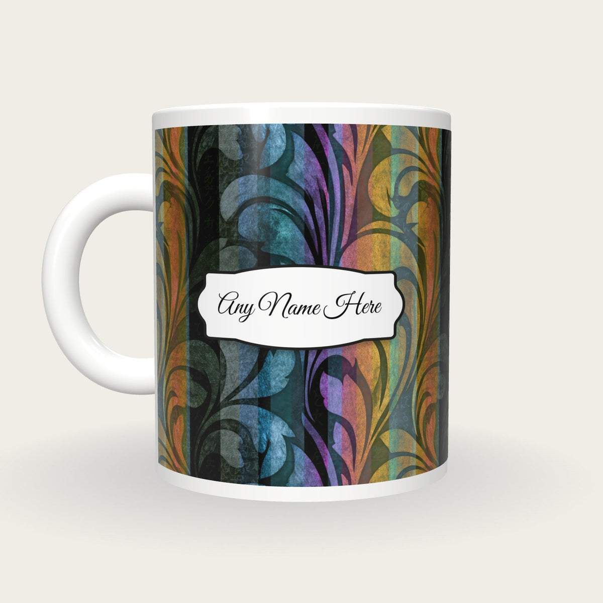 Baroque Rainbow Abstract Name Mug, back with the second name label