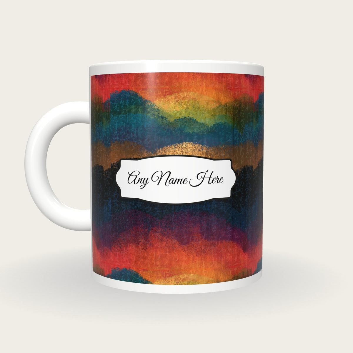 Maximalist Rainbow Abstract Name Mug 4, back with the second name label