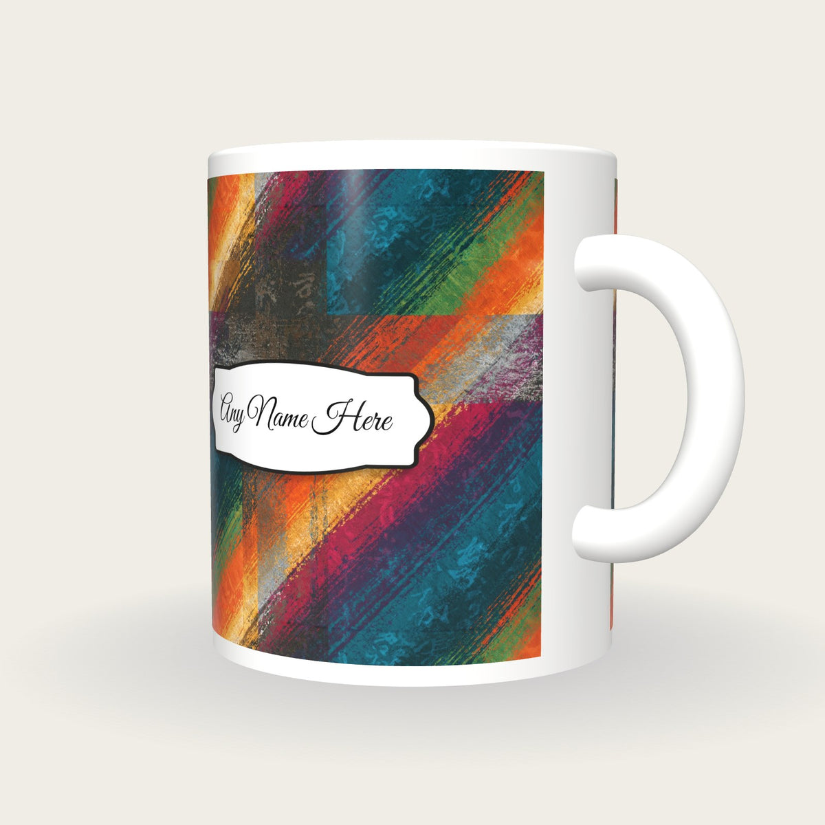 Maximalist Rainbow Abstract Name Mug 2, three-quarter view