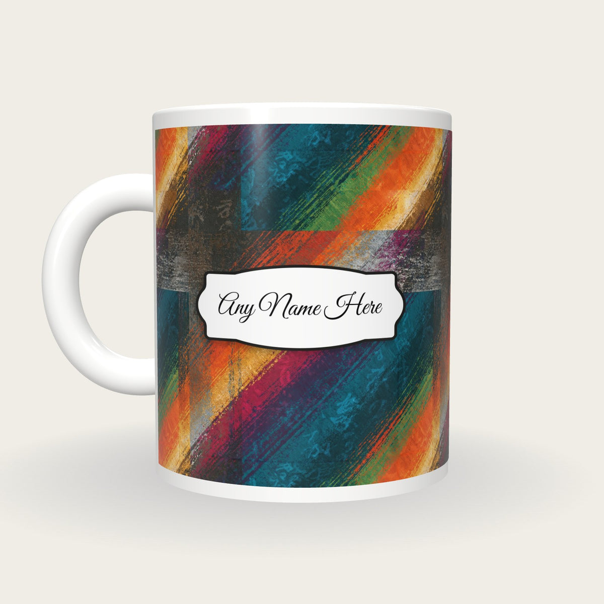 Maximalist Rainbow Abstract Name Mug 2, back with the second name label