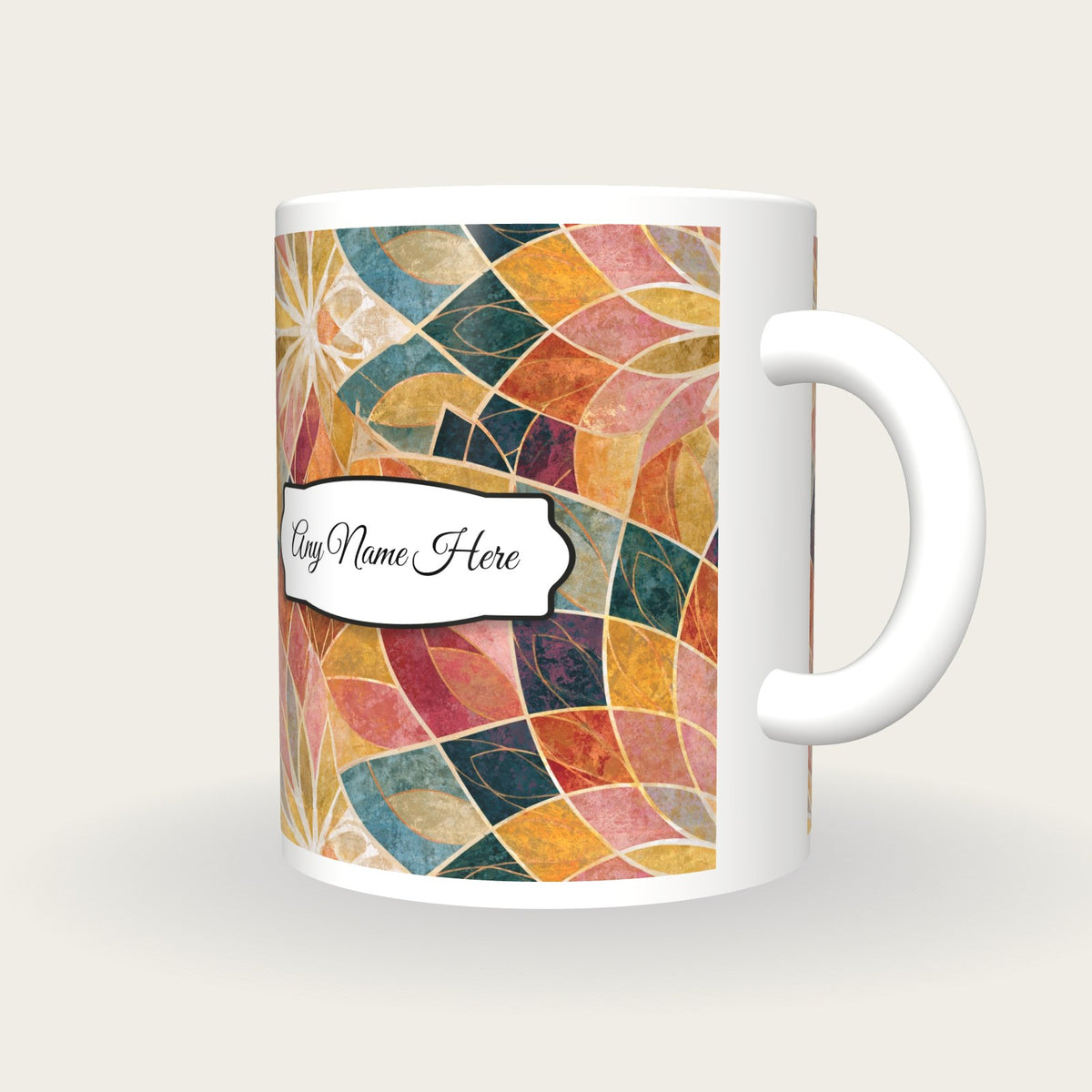 Mandala Rainbow Abstract Name Mug, three-quarter view