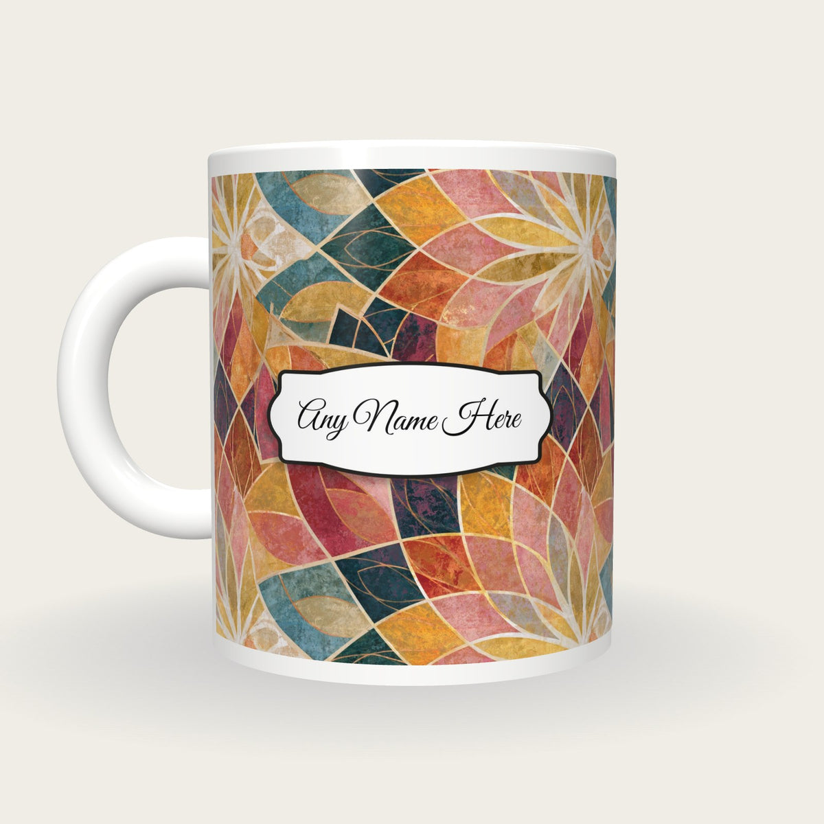 Mandala Rainbow Abstract Name Mug, back with the second name label