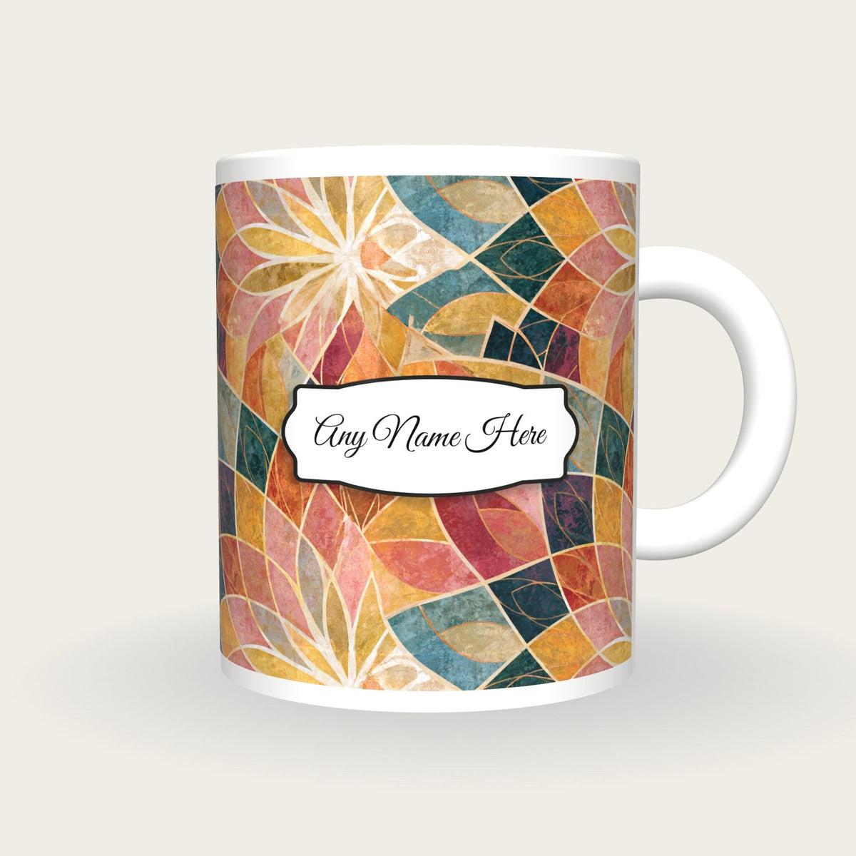 Mandala Rainbow Abstract Name Mug, front with the name label