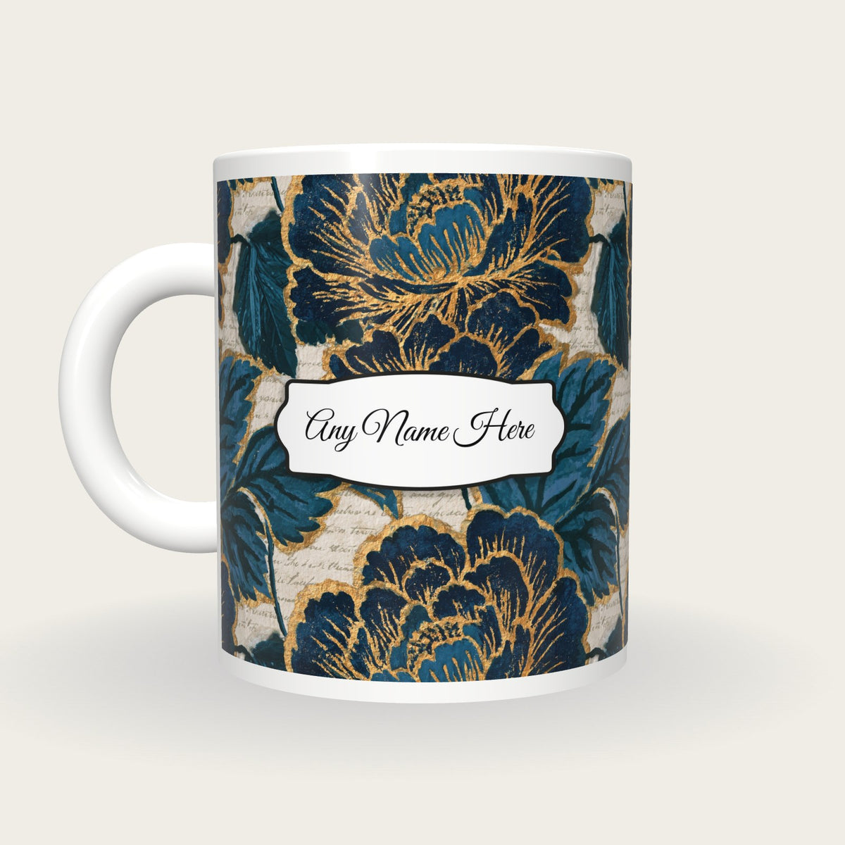 Collage Block Florals Name Mug, back with the second name label