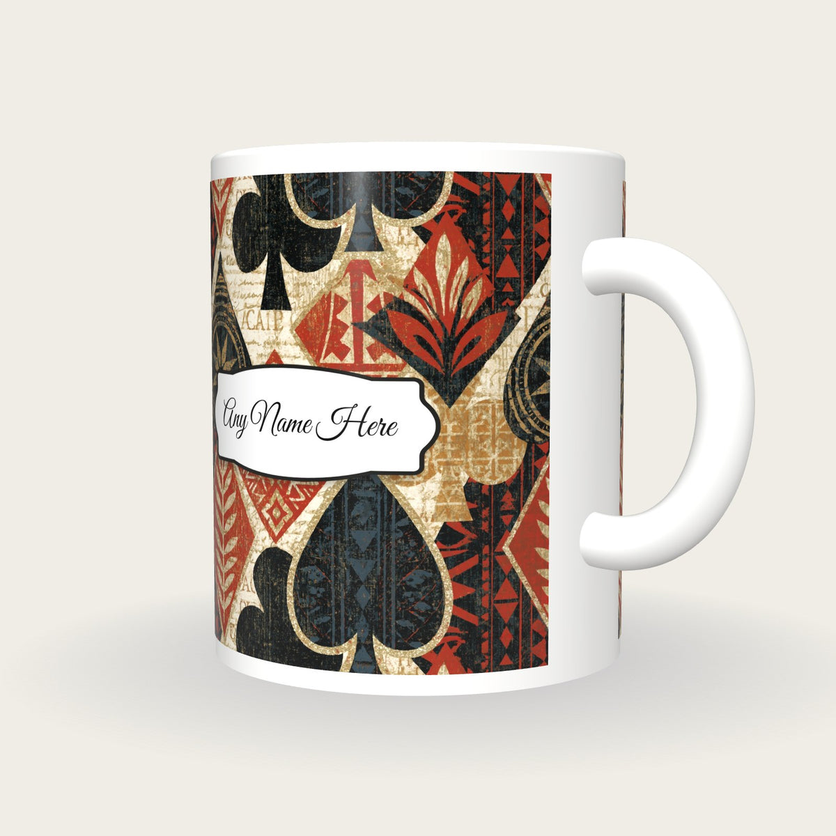 Tiki Card Suits Name Mug, three-quarter view