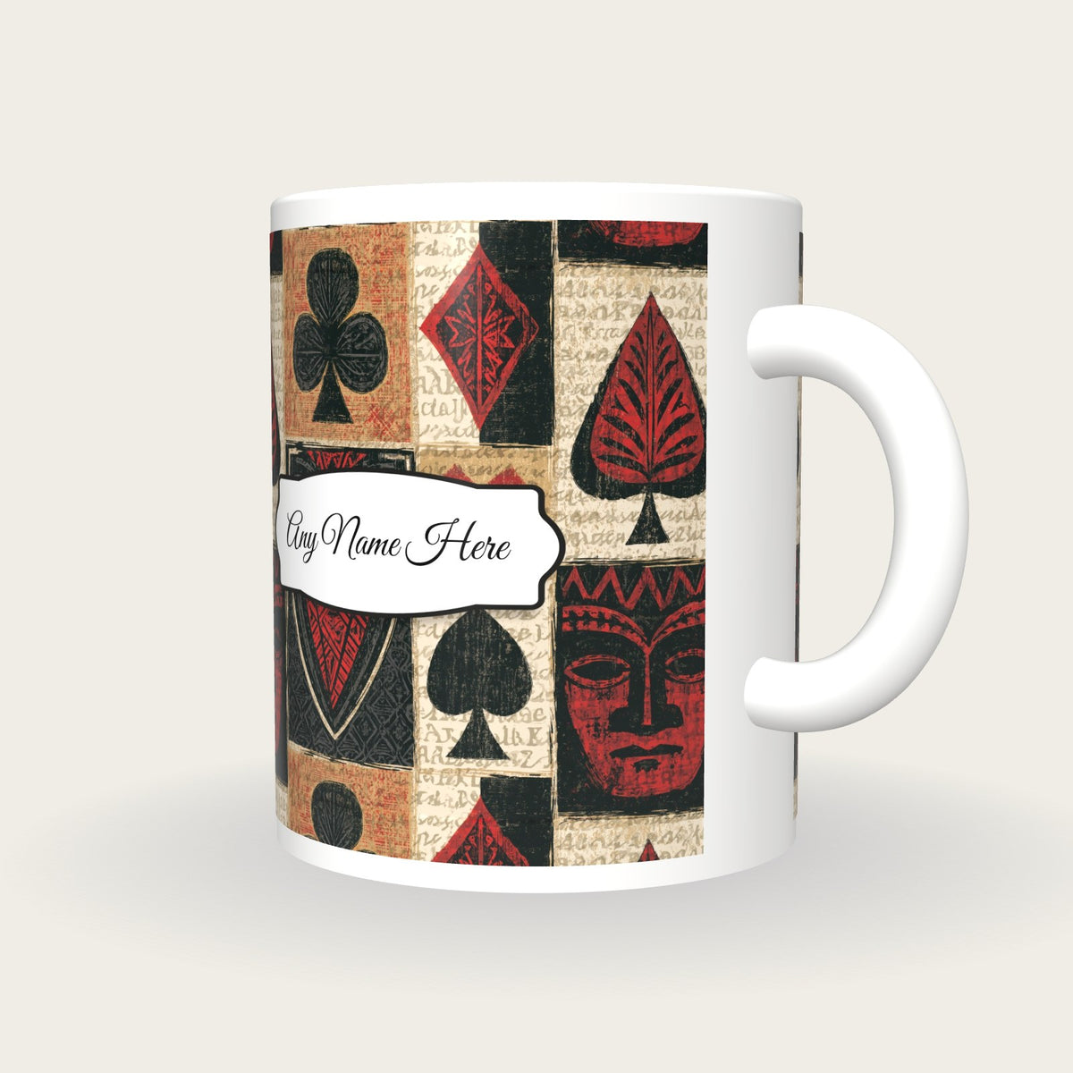 Tiki Card Suits Name Mug 4, three-quarter view