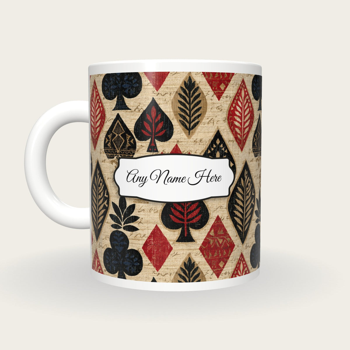 Tiki Card Suits Name Mug 2, back with the second name label