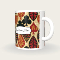 Tiki Card Suits Name Mug 3, three-quarter view