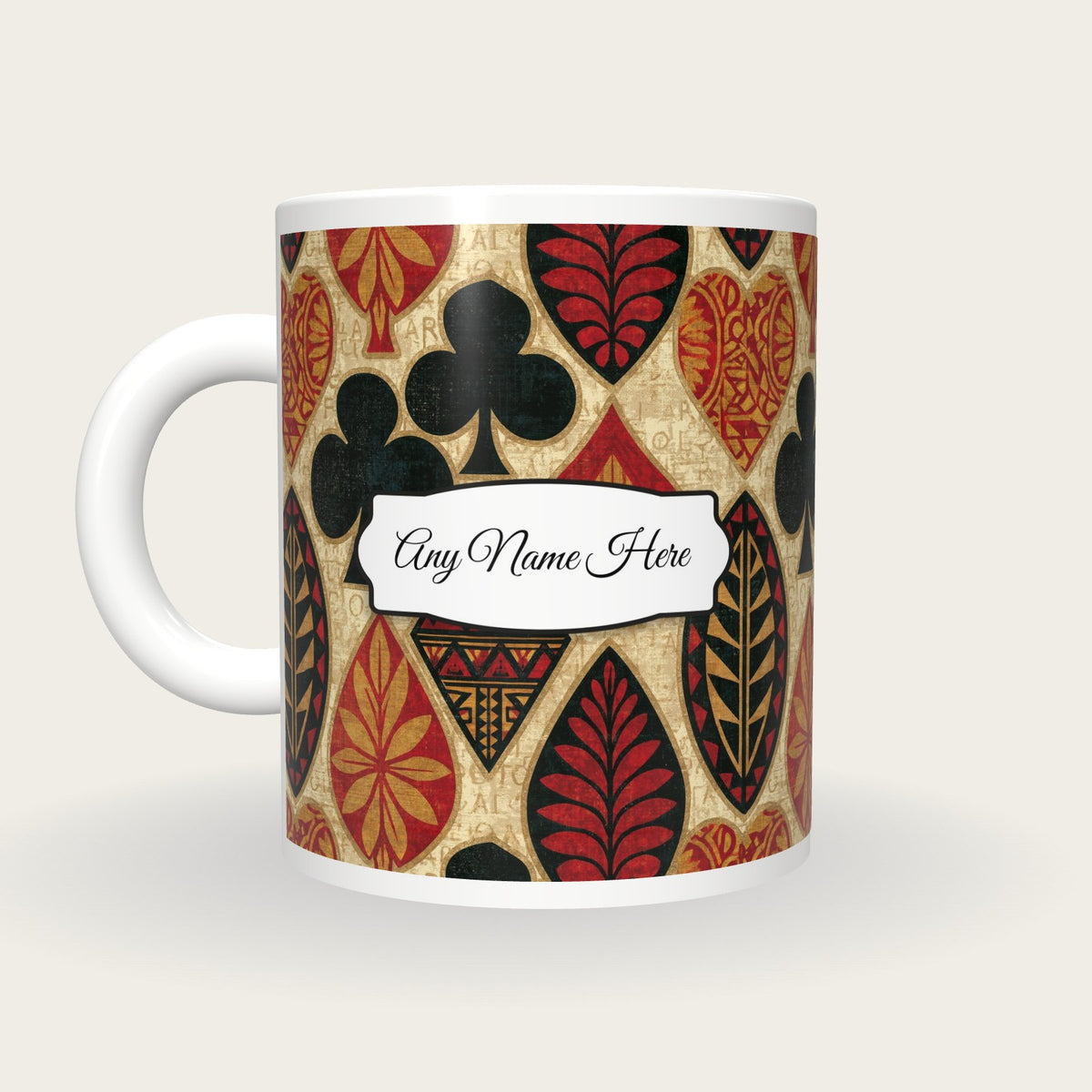 Tiki Card Suits Name Mug 3, back with the second name label
