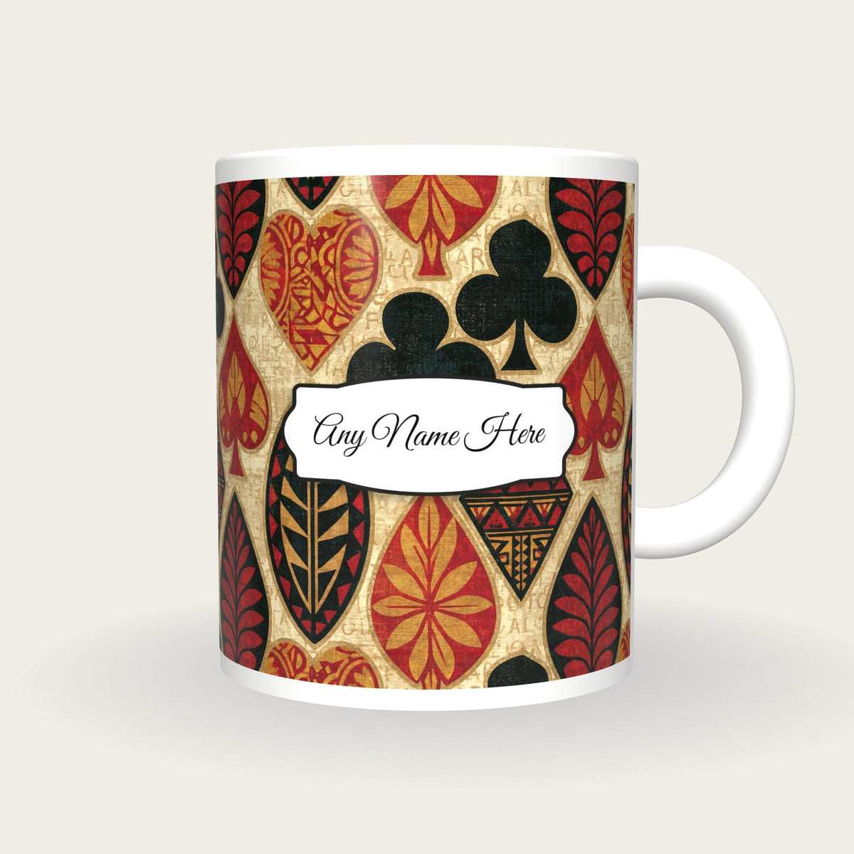 Tiki Card Suits Name Mug 3, front with the name label