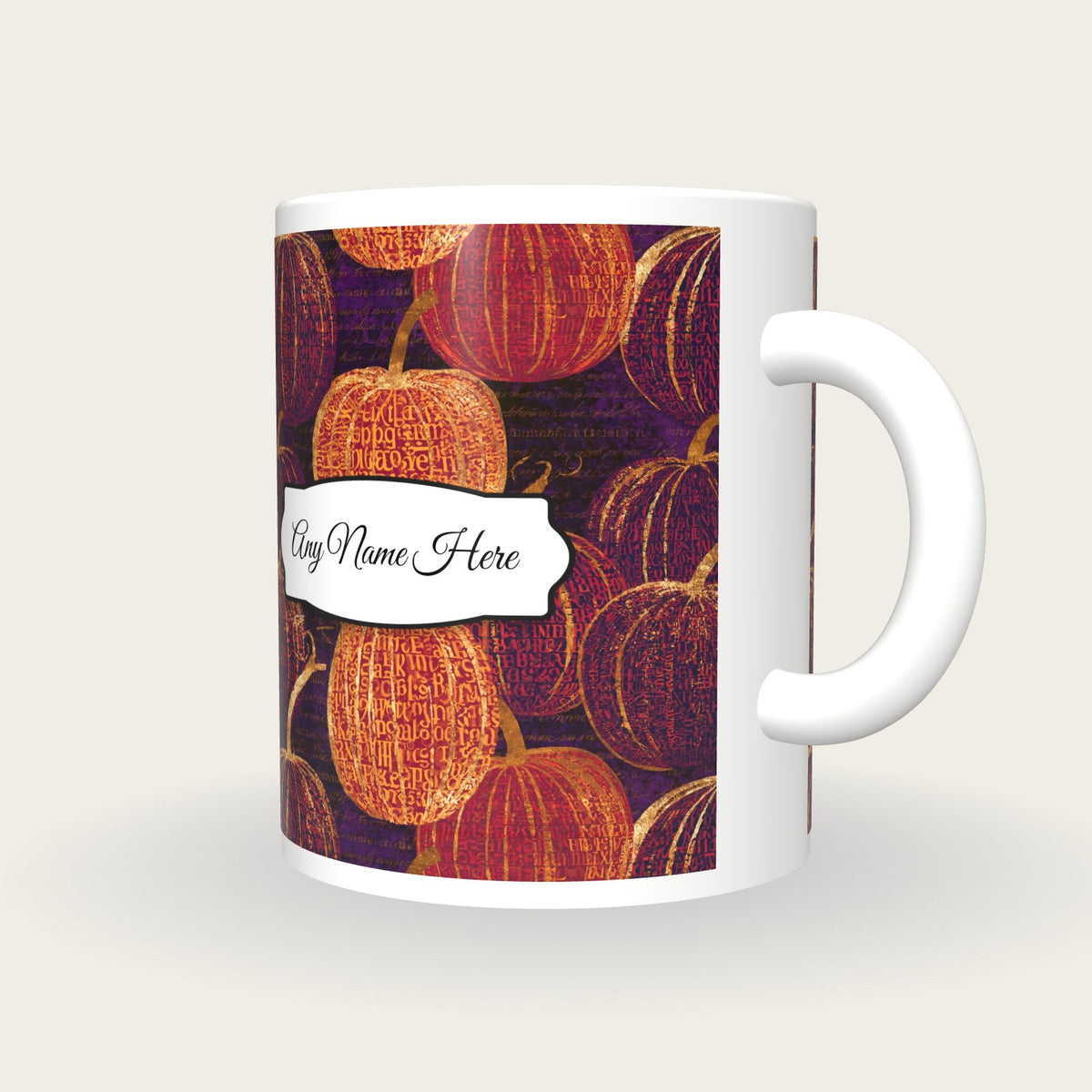ASCII Pumpkin Abstract Name Mug, three-quarter view