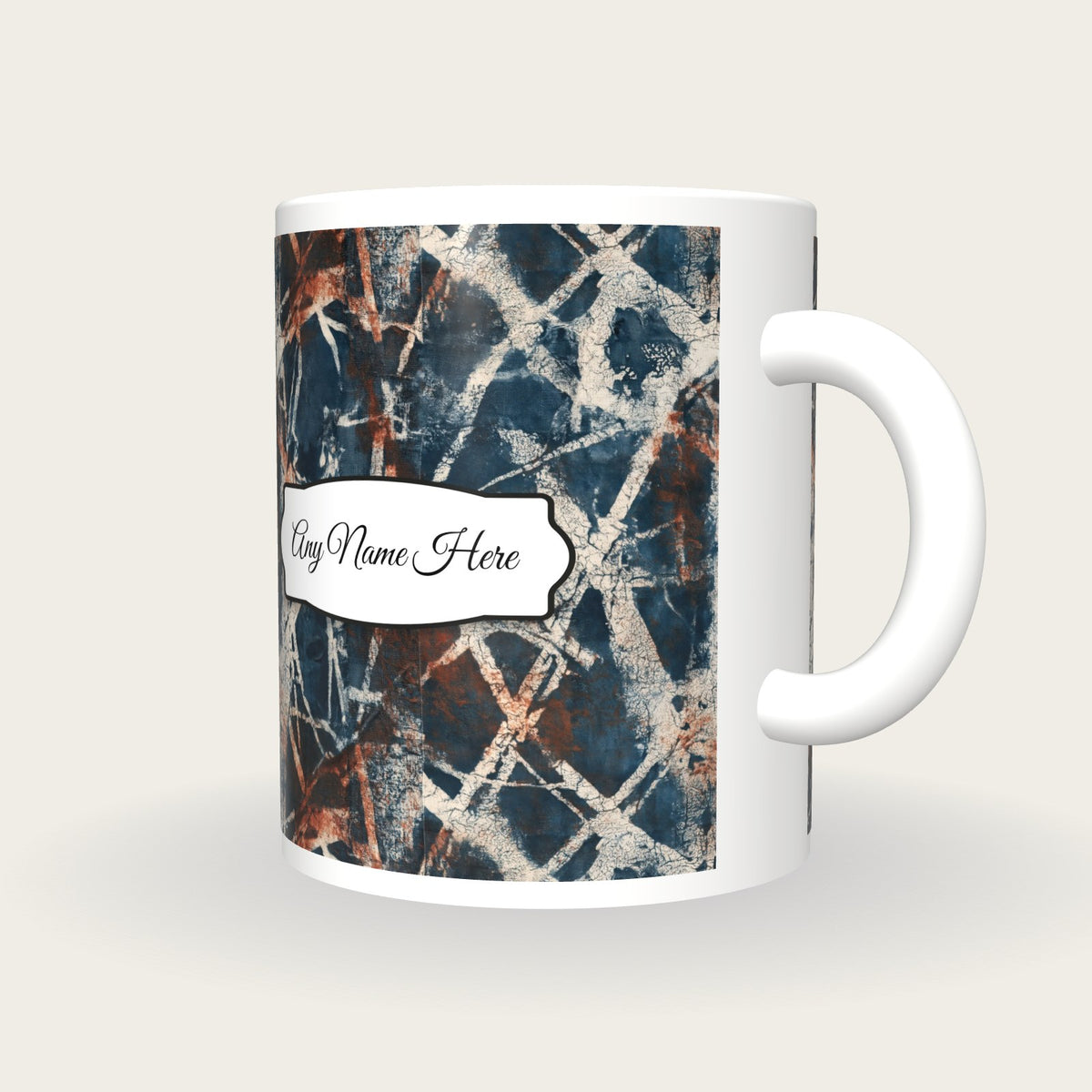 Batik Wax Resist Name Mug 2, three-quarter view