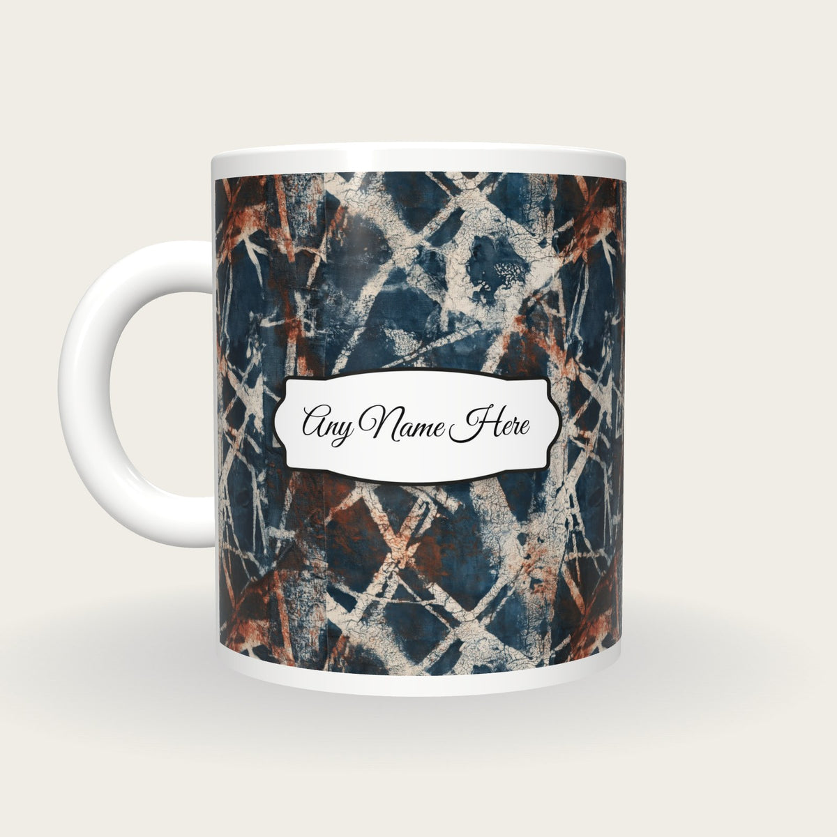 Batik Wax Resist Name Mug 2, back with the second name label