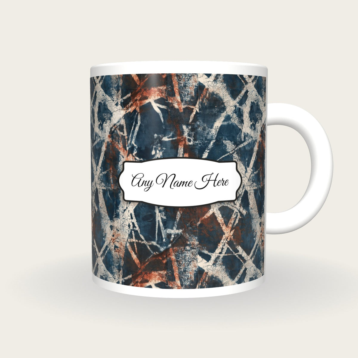 Batik Wax Resist Name Mug 2, front with the name label