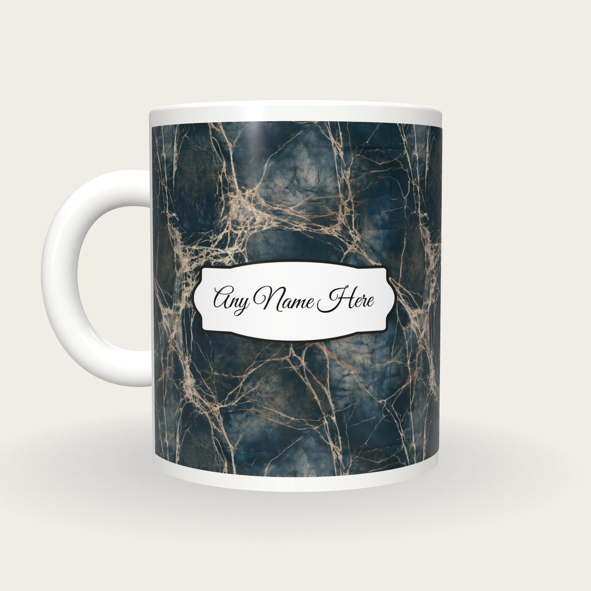 Batik Wax Resist Name Mug, back with the second name label