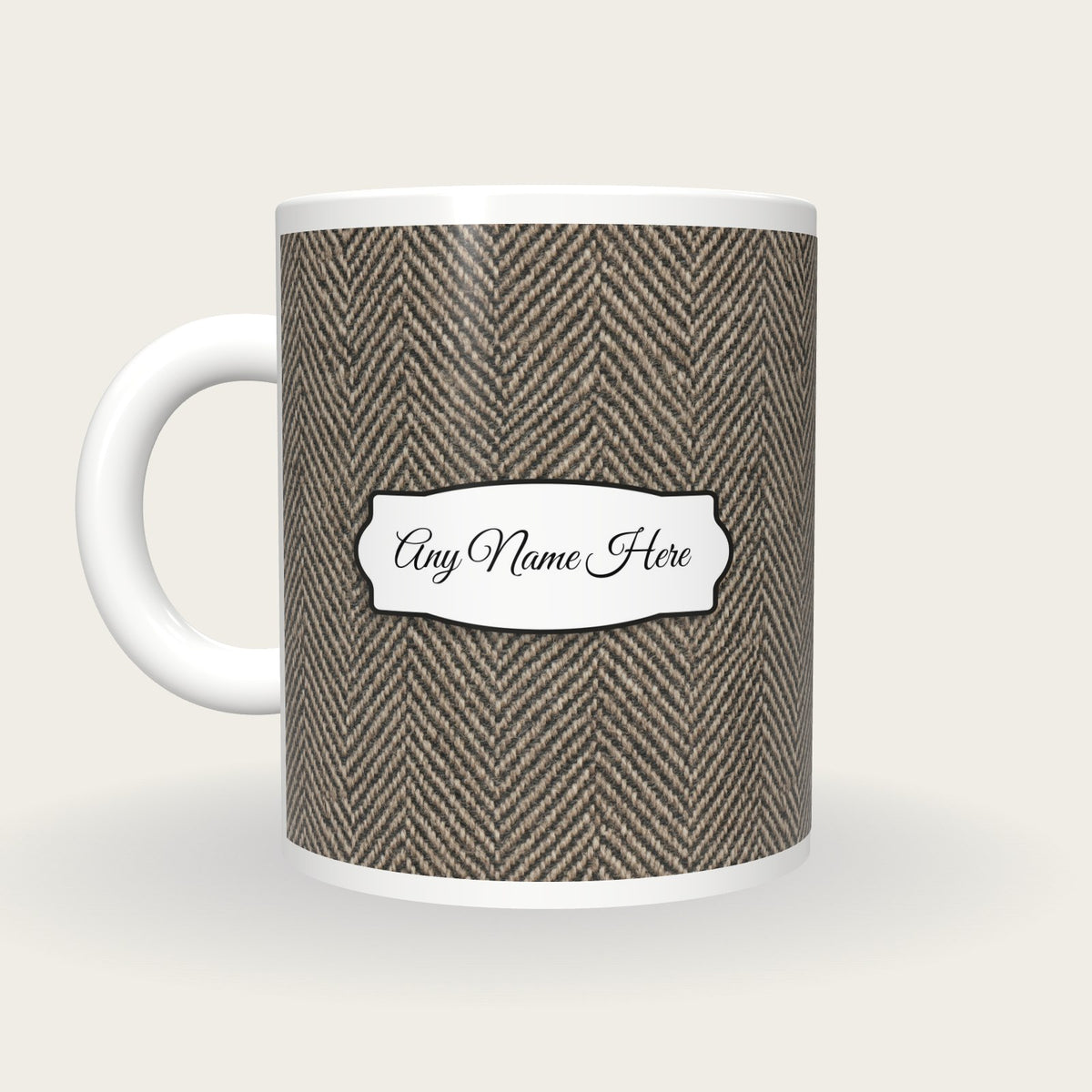 Herringbone Tweed Name Mug, back with the second name label