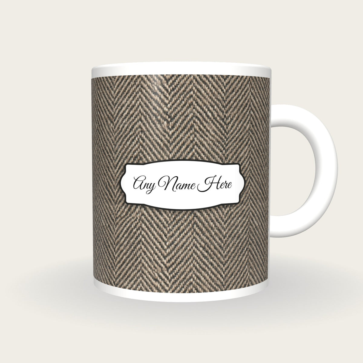 Herringbone Tweed Name Mug, front with the name label