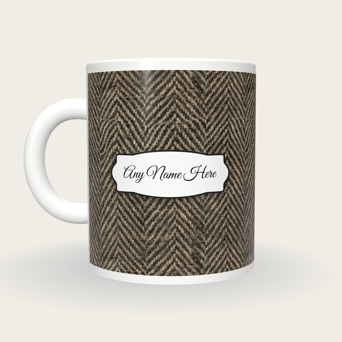 Herringbone Tweed Name Mug 2, back with the second name label