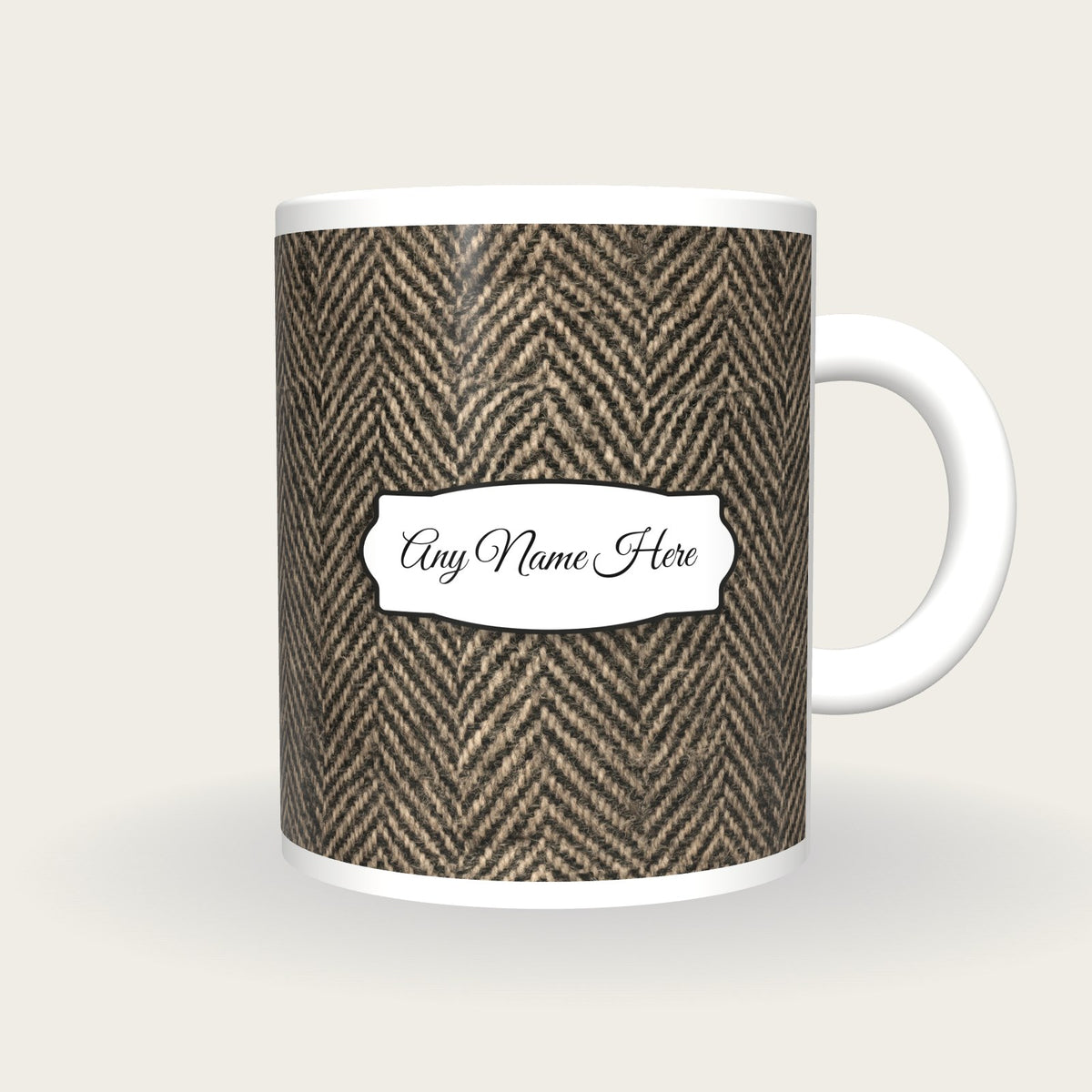 Herringbone Tweed Name Mug 2, front with the name label