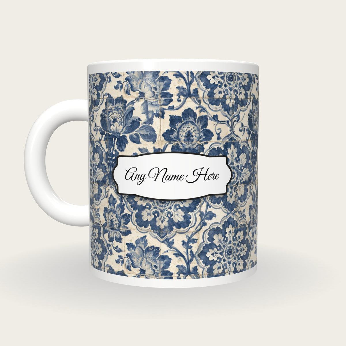 Portuguese Azulejo Tile Name Mug, back with the second name label