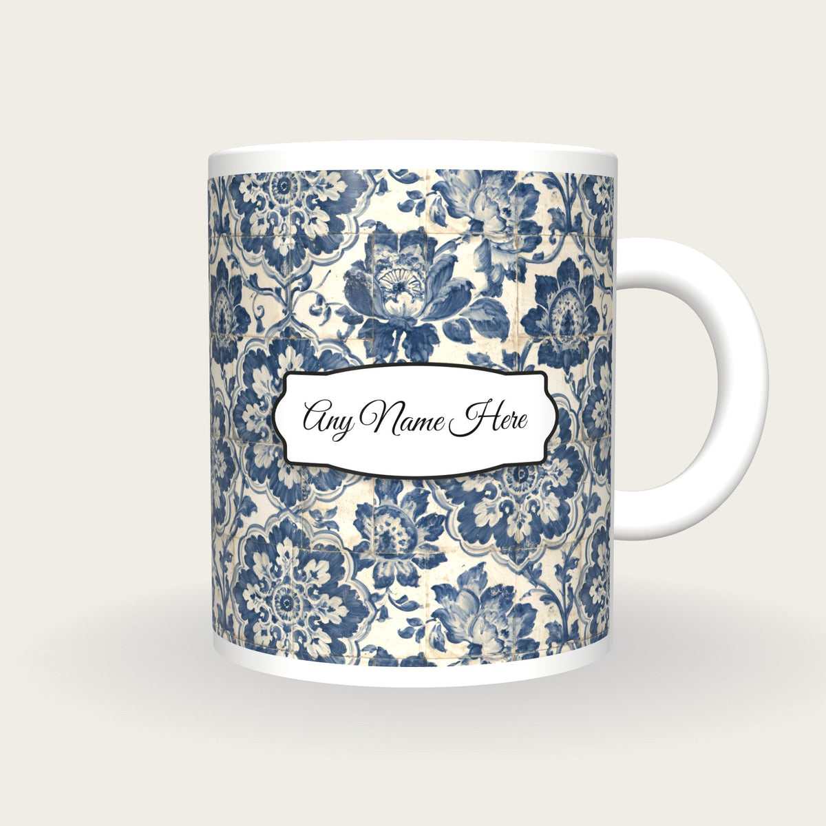 Portuguese Azulejo Tile Name Mug, front with the name label