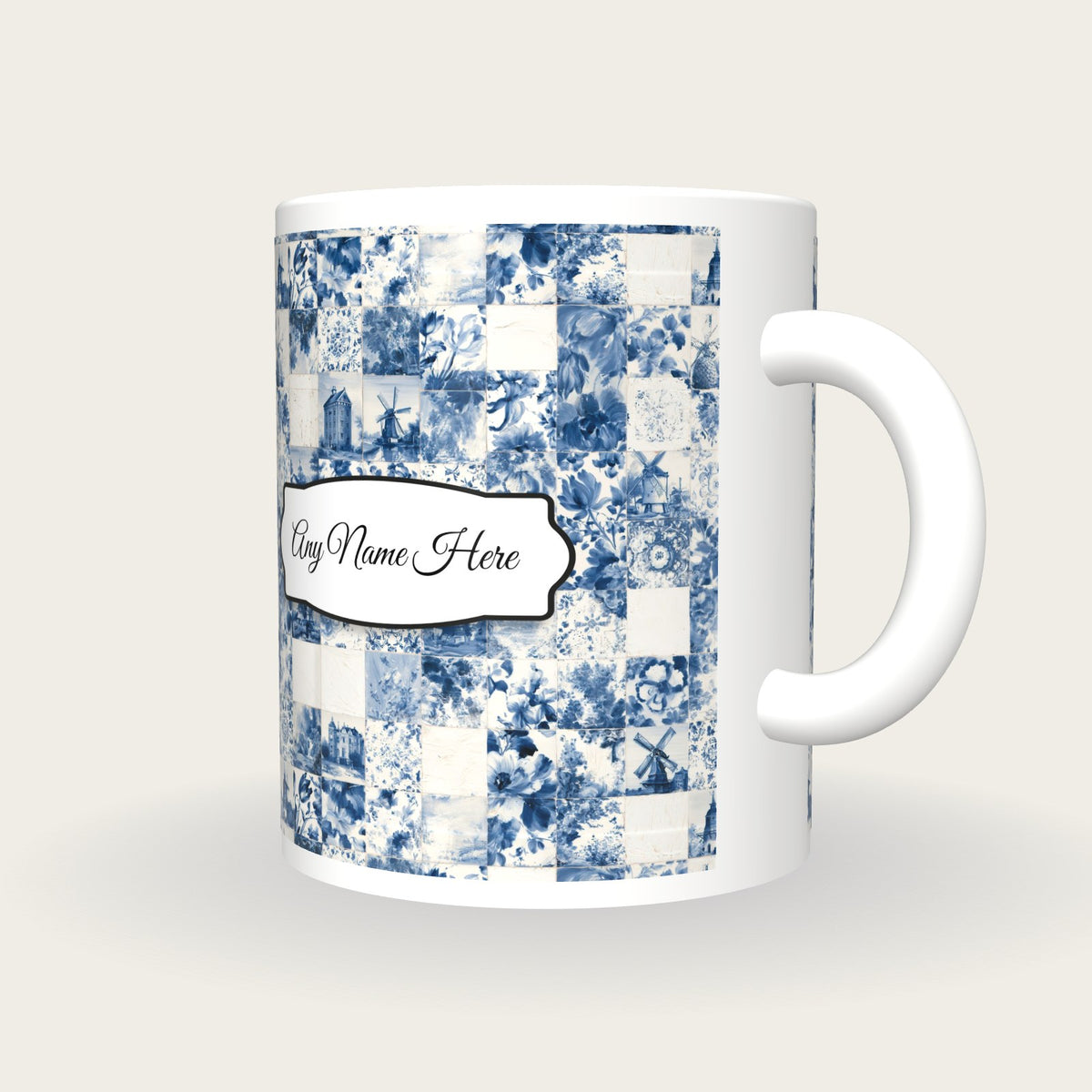 Delft Blue Tile Name Mug, three-quarter view