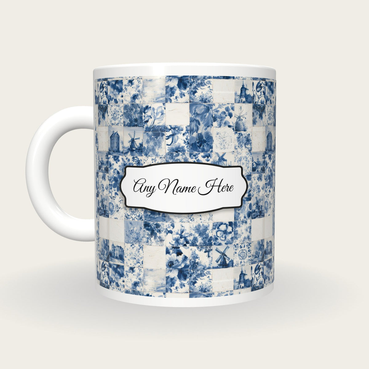Delft Blue Tile Name Mug, back with the second name label