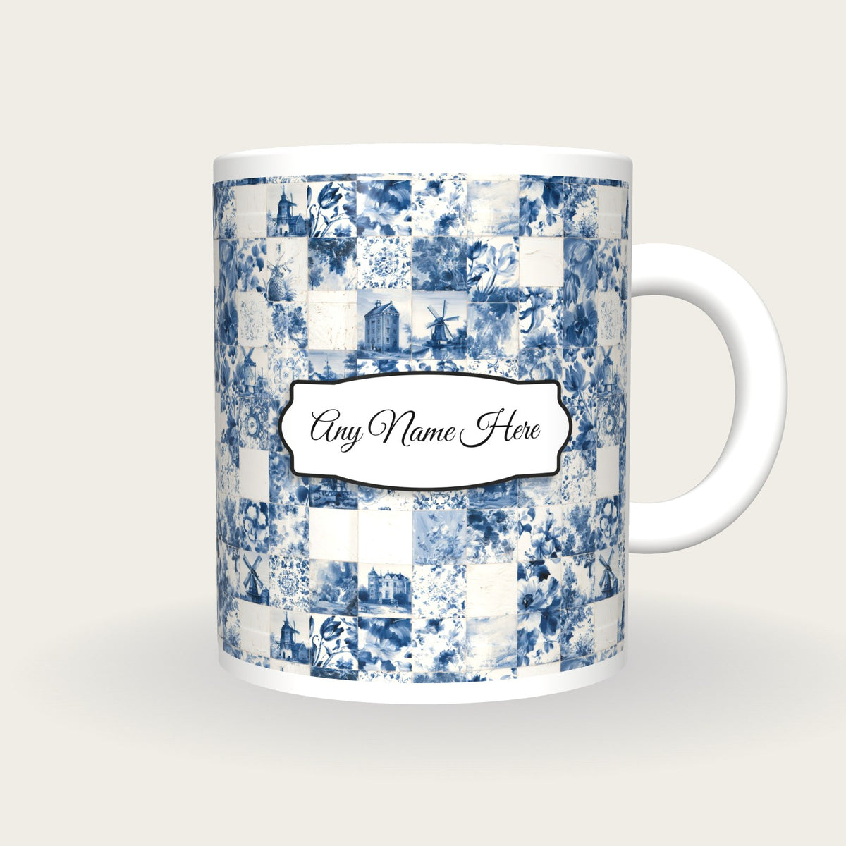 Delft Blue Tile Name Mug, front with the name label