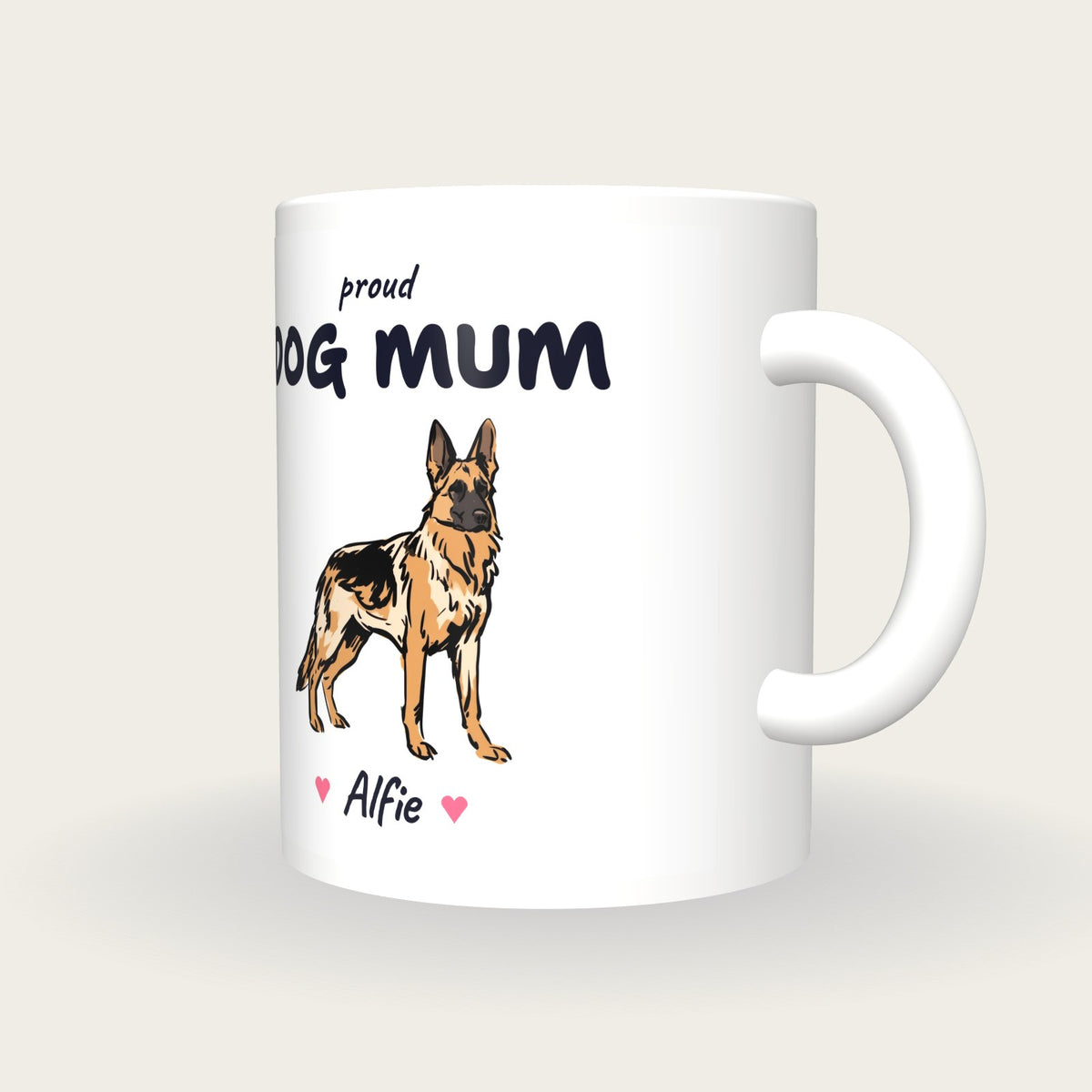 Personalised German Shepherd Dog Mum Mug, three-quarter view