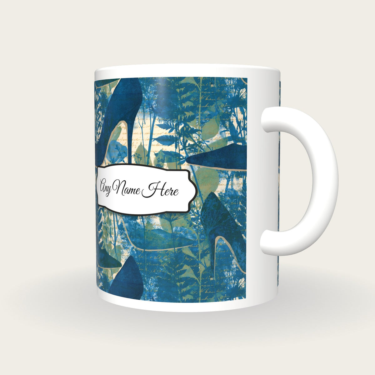 Cyanotype Stiletto Name Mug, three-quarter view