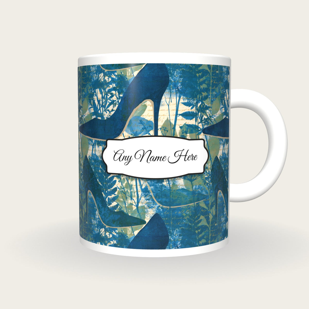 Cyanotype Stiletto Name Mug, front with the name label