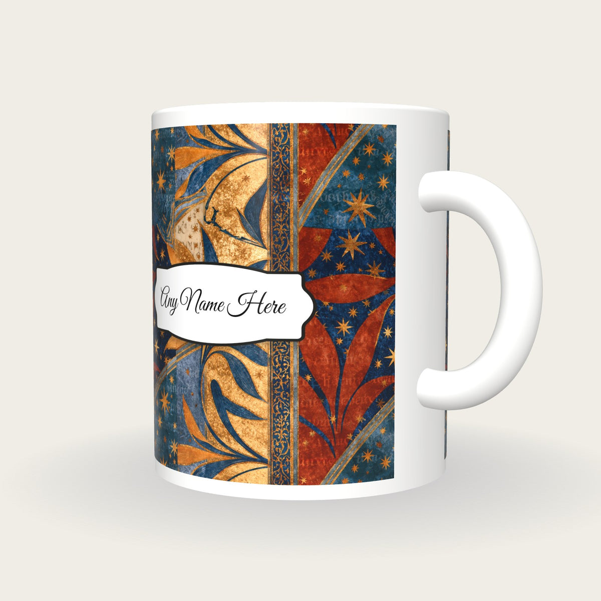 Illuminated Manuscript Stars Name Mug 2, three-quarter view
