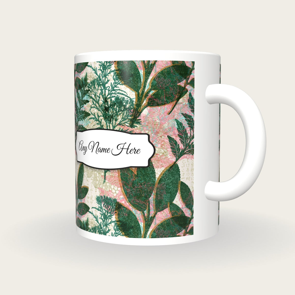 Lace Witch Herbs Name Mug, three-quarter view