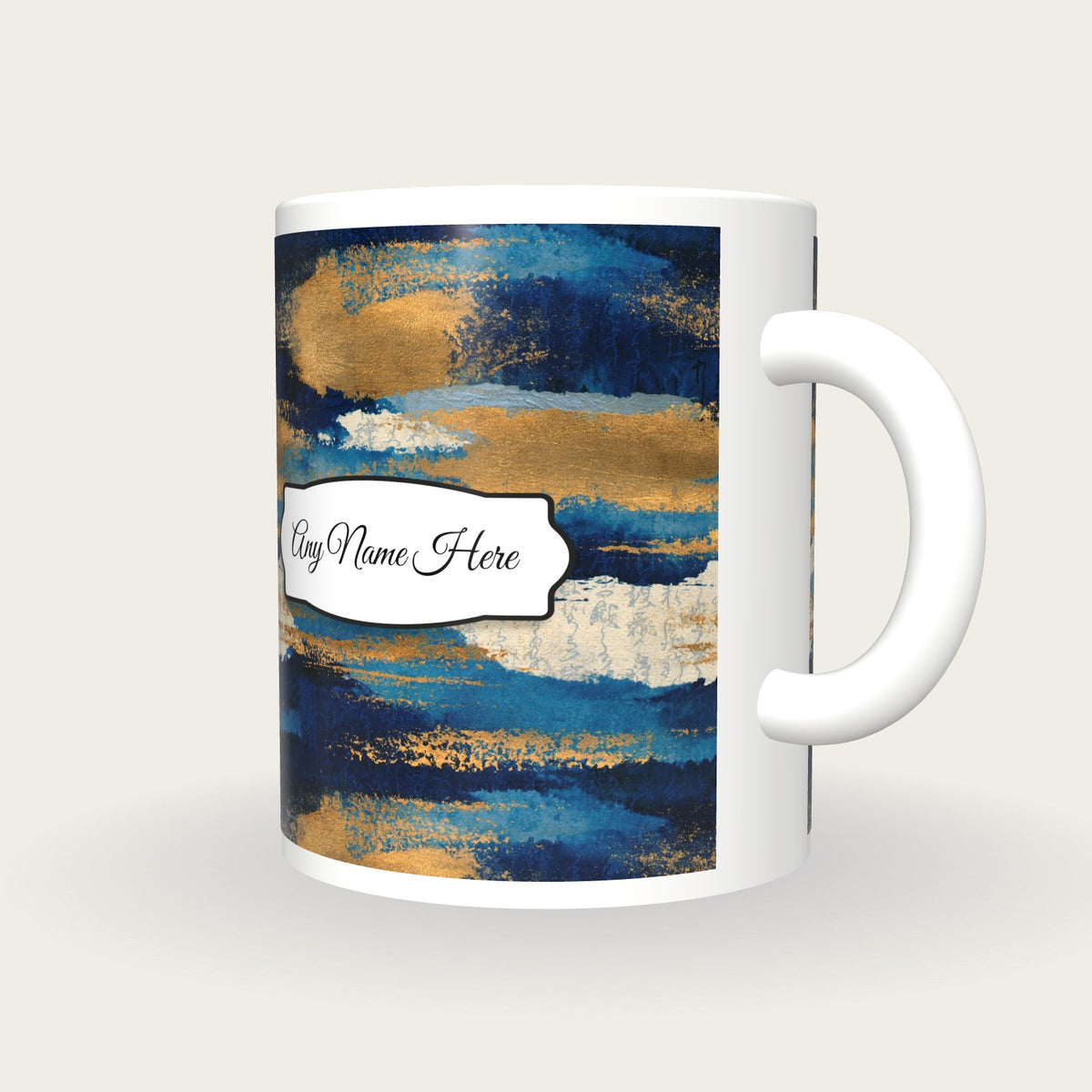 Tintype Indigo Abstract Name Mug 2, three-quarter view