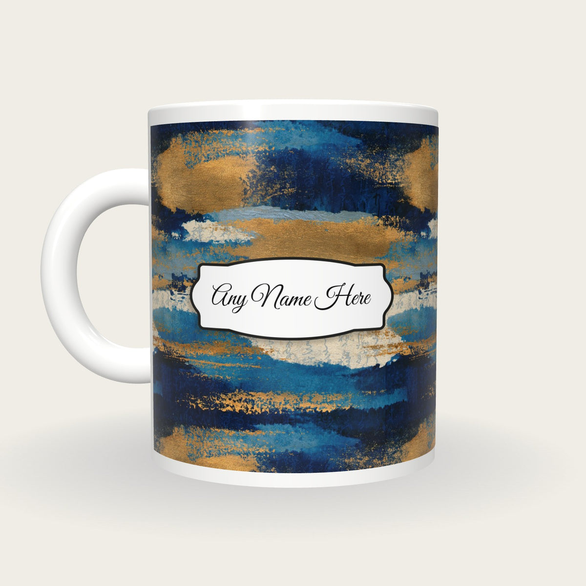 Tintype Indigo Abstract Name Mug 2, back with the second name label