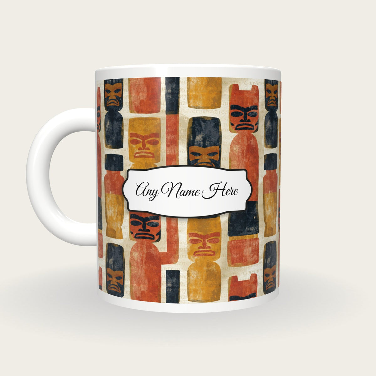 Watercolour Totem Poles Name Mug, back with the second name label