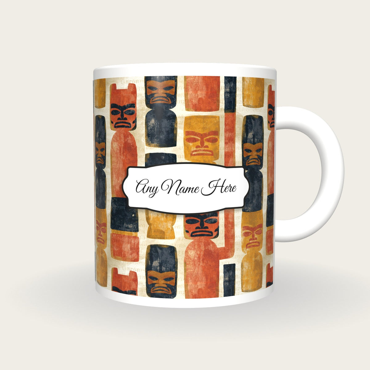 Watercolour Totem Poles Name Mug, front with the name label
