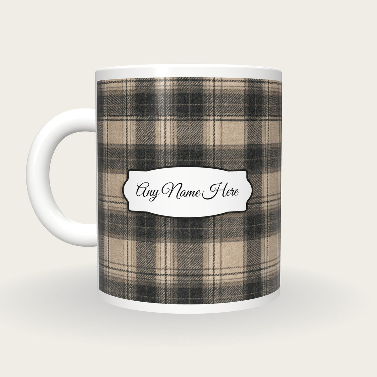 Windowpane Check Wool Name Mug, back with the second name label
