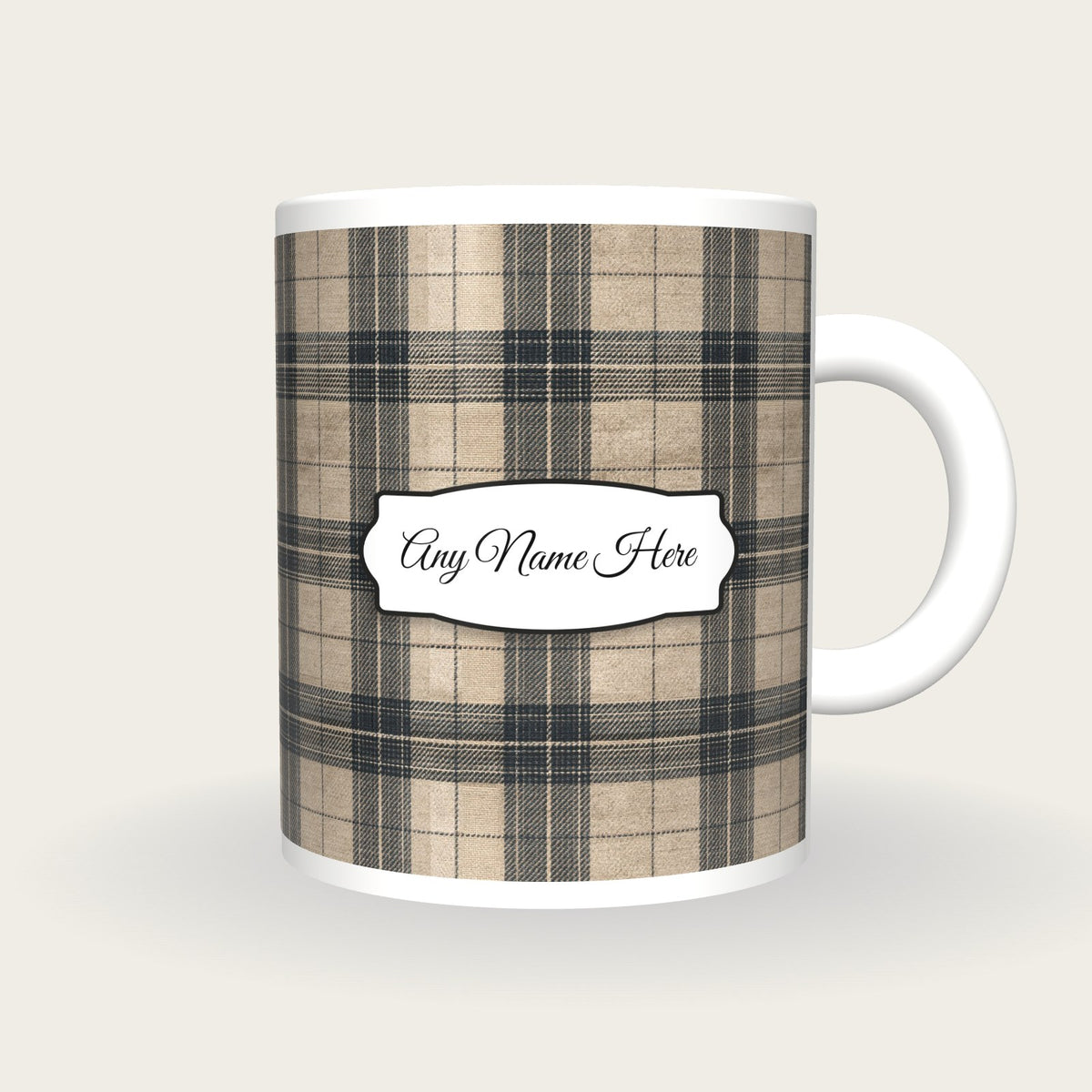 Windowpane Check Wool Name Mug 2, front with the name label