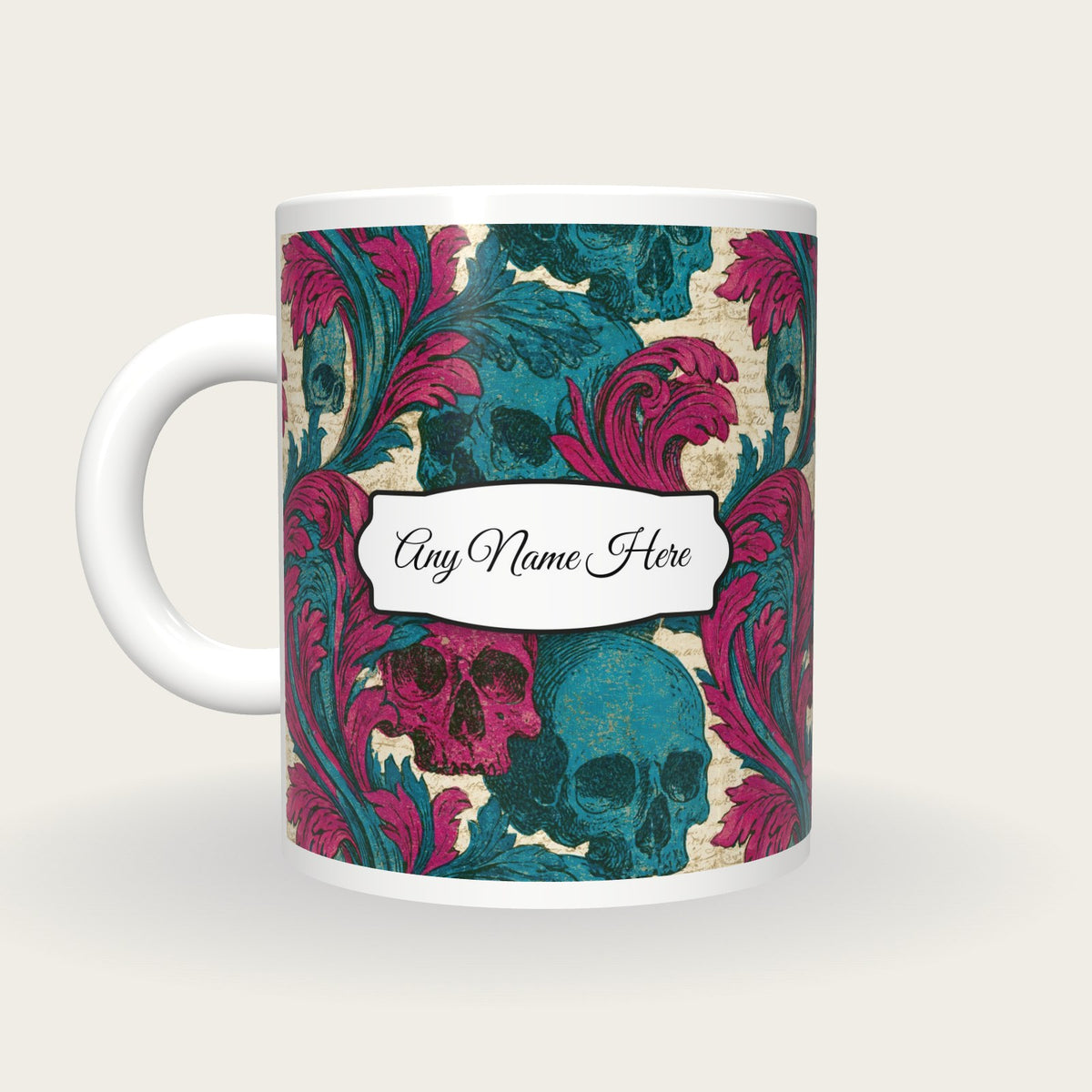 Baroque Skulls Name Mug, back with the second name label