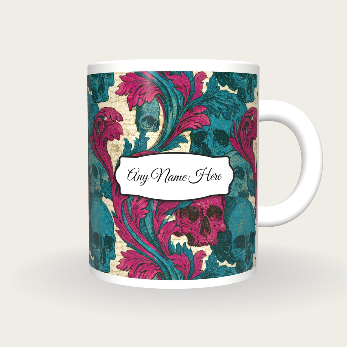 Baroque Skulls Name Mug, front with the name label