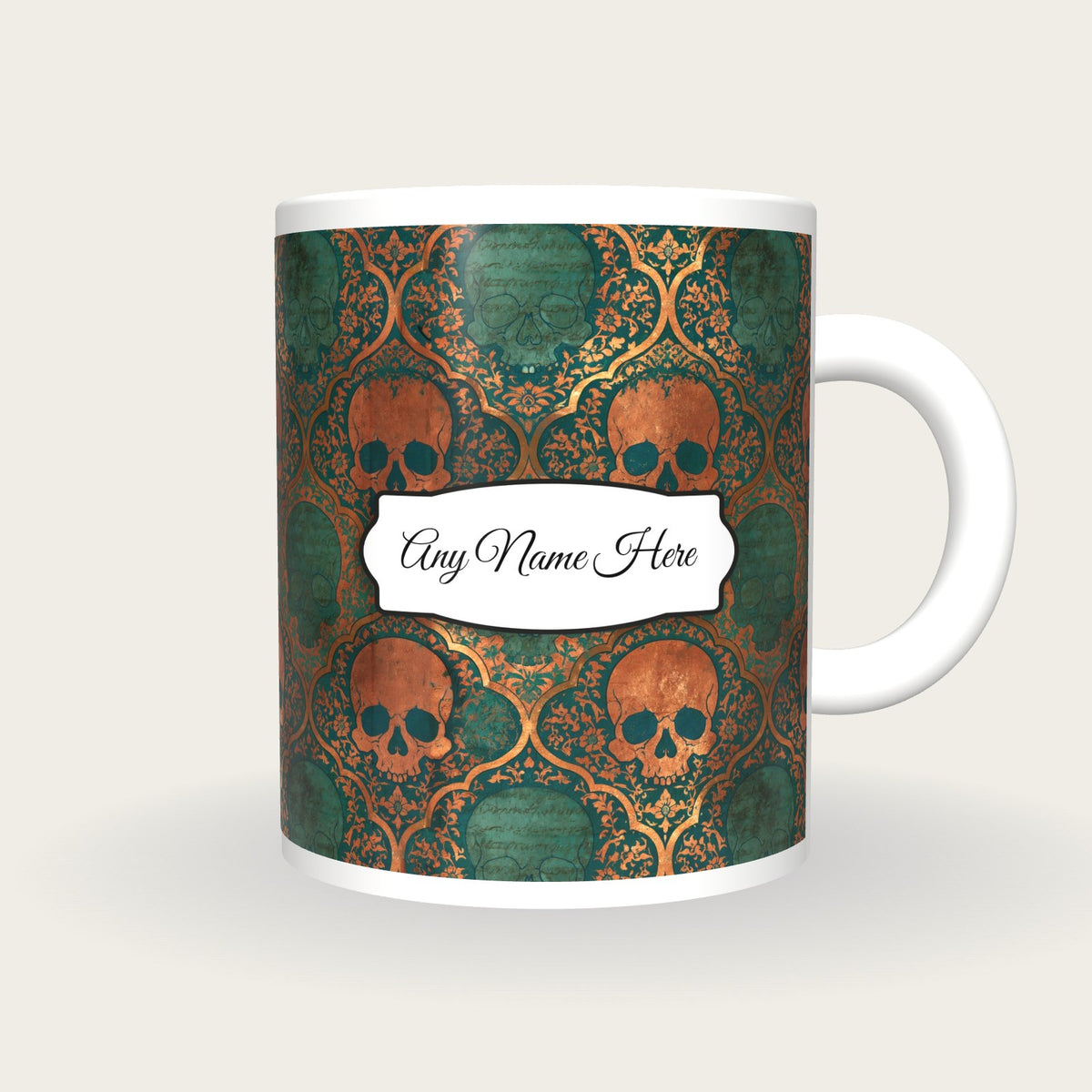 Mughal Skulls Name Mug, front with the name label