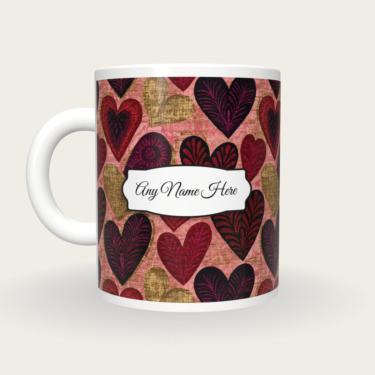 Lubok Hearts Name Mug, back with the second name label